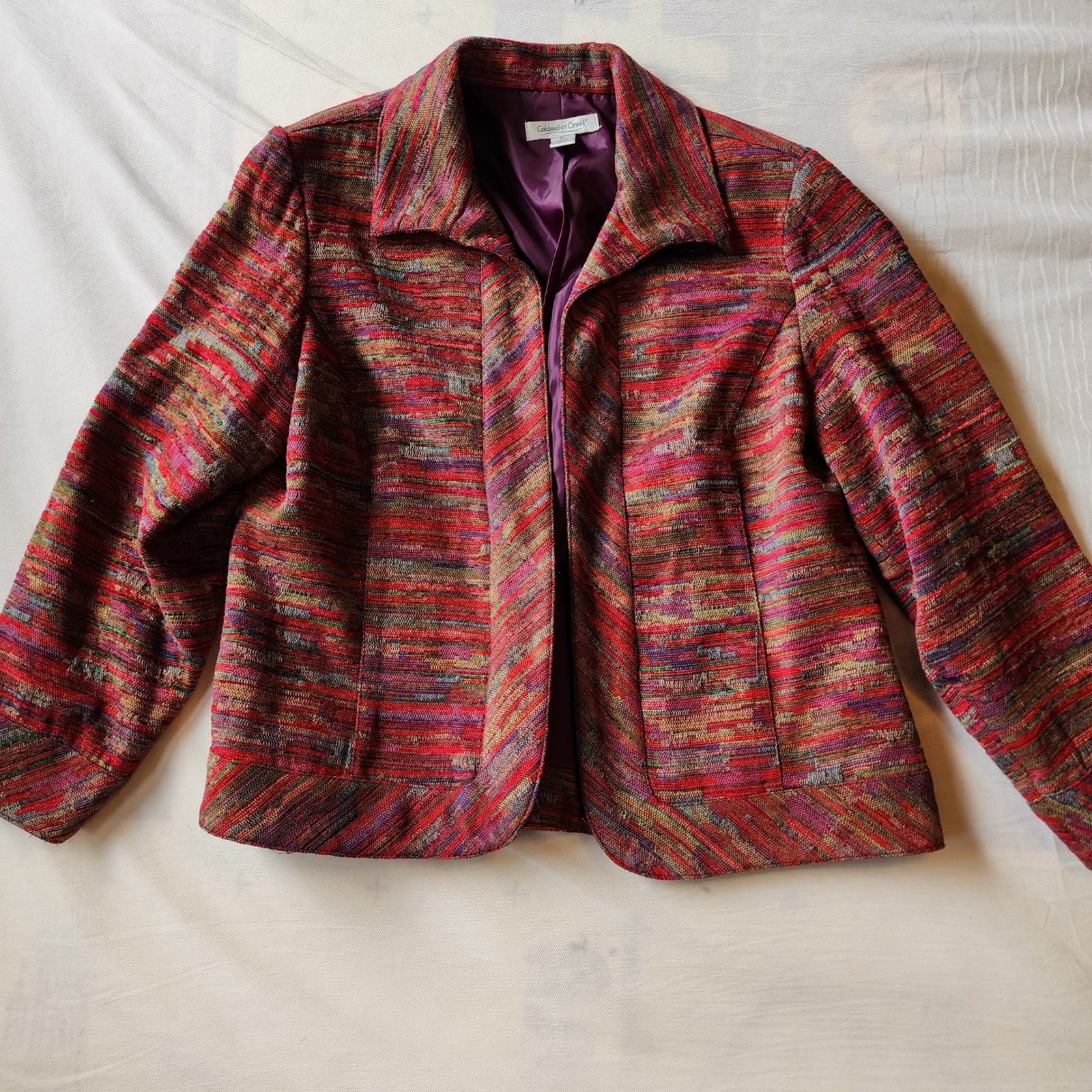 Coldwater Creek Red Multi Striped Open Front Blazer Jacket Petite Large Pl Boho